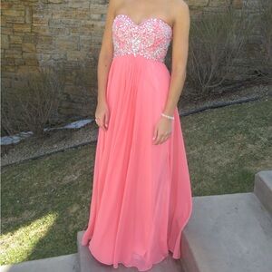 Coral prom dress with jeweled bust